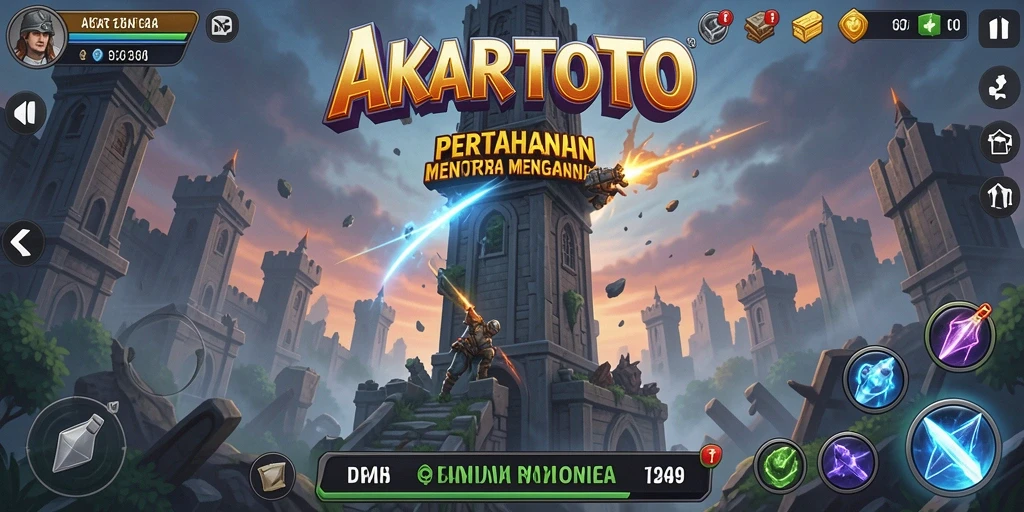 Tangkapan layar gameplay AKARTOTO yang menampilkan pertahanan menara yang menegangkan.