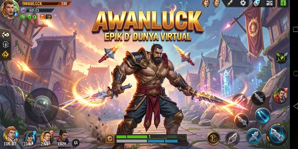 Screenshot menunjukkan pertarungan seru di AWANLUCK dengan efek grafis menakjubkan.