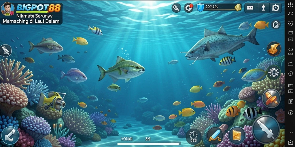 Screenshot menampilkan gameplay memancing yang seru dan indah.