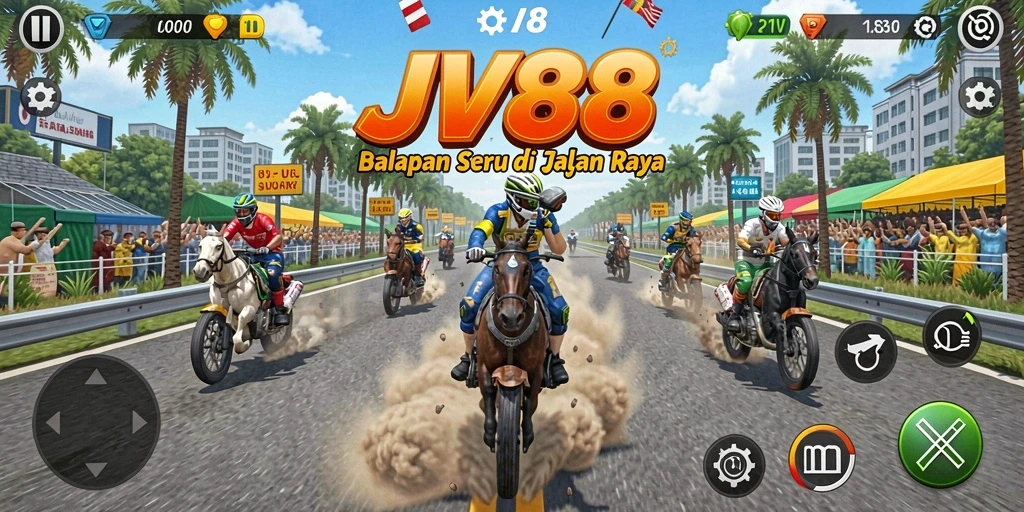 Screenshot gameplay JV88 menunjukkan aksi balapan yang mendebarkan di jalan.