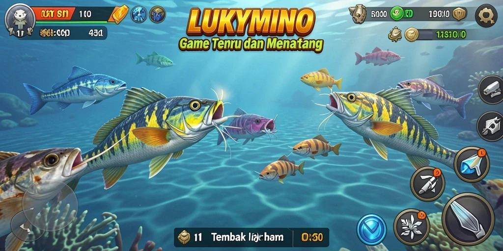 Gameplay seru LUKYMINO dengan aksi menembak ikan.
