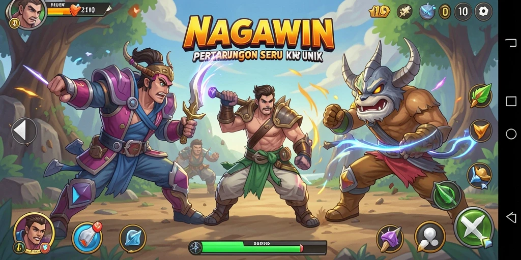 Screenshot NAGAWIN menampilkan karakter bertarung dengan grafis yang menawan.