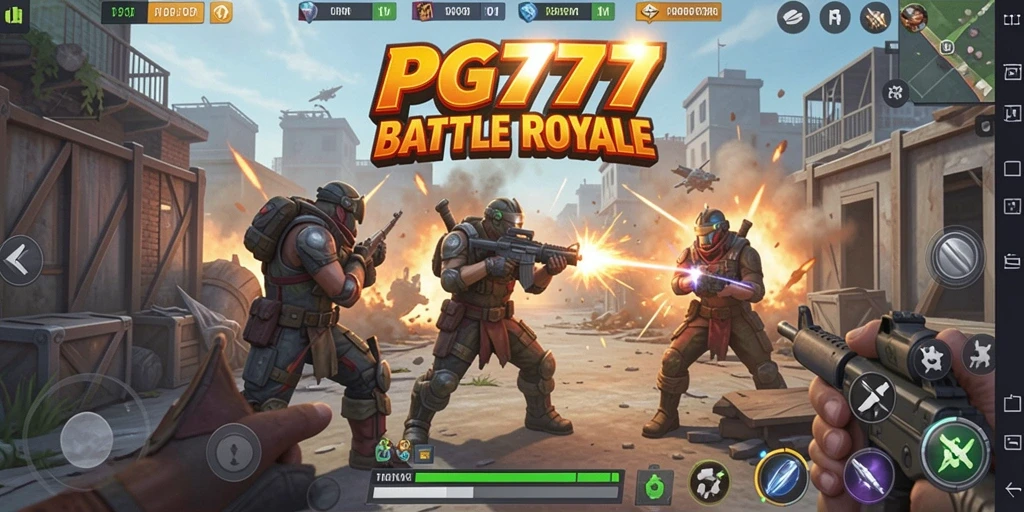 Tangkapan layar PG777 menampilkan aksi pertempuran intens dalam arena Battle Royale.