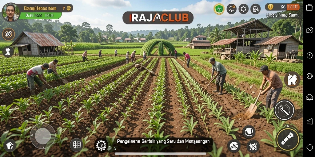 Screenshot gameplay RAJACLUB menampilkan kebun yang subur dan hewan ternak.