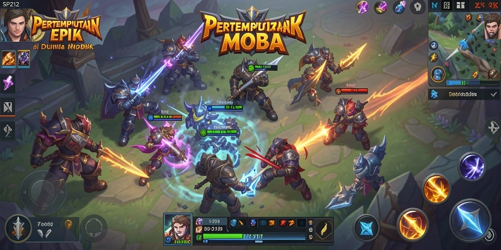 Tangkapan layar gameplay SP212 dengan pertempuran MOBA yang seru.